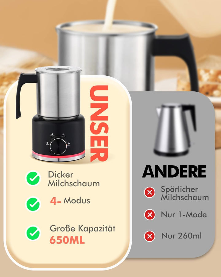 Automatischer Milchaufschäumer Elektrisch 4-in-1, 650ML Edelstahl Milchschäumer mit Auto-Abschaltung