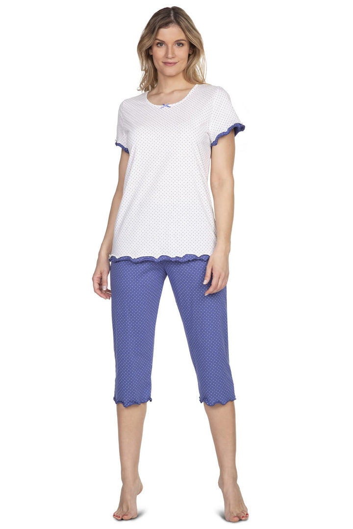 e.FEMME Damen Schlafanzug Marion 310, Kurzarm, aus 50% Baumwolle und 50% Modal, Ecru/ Jeans Gepunkte