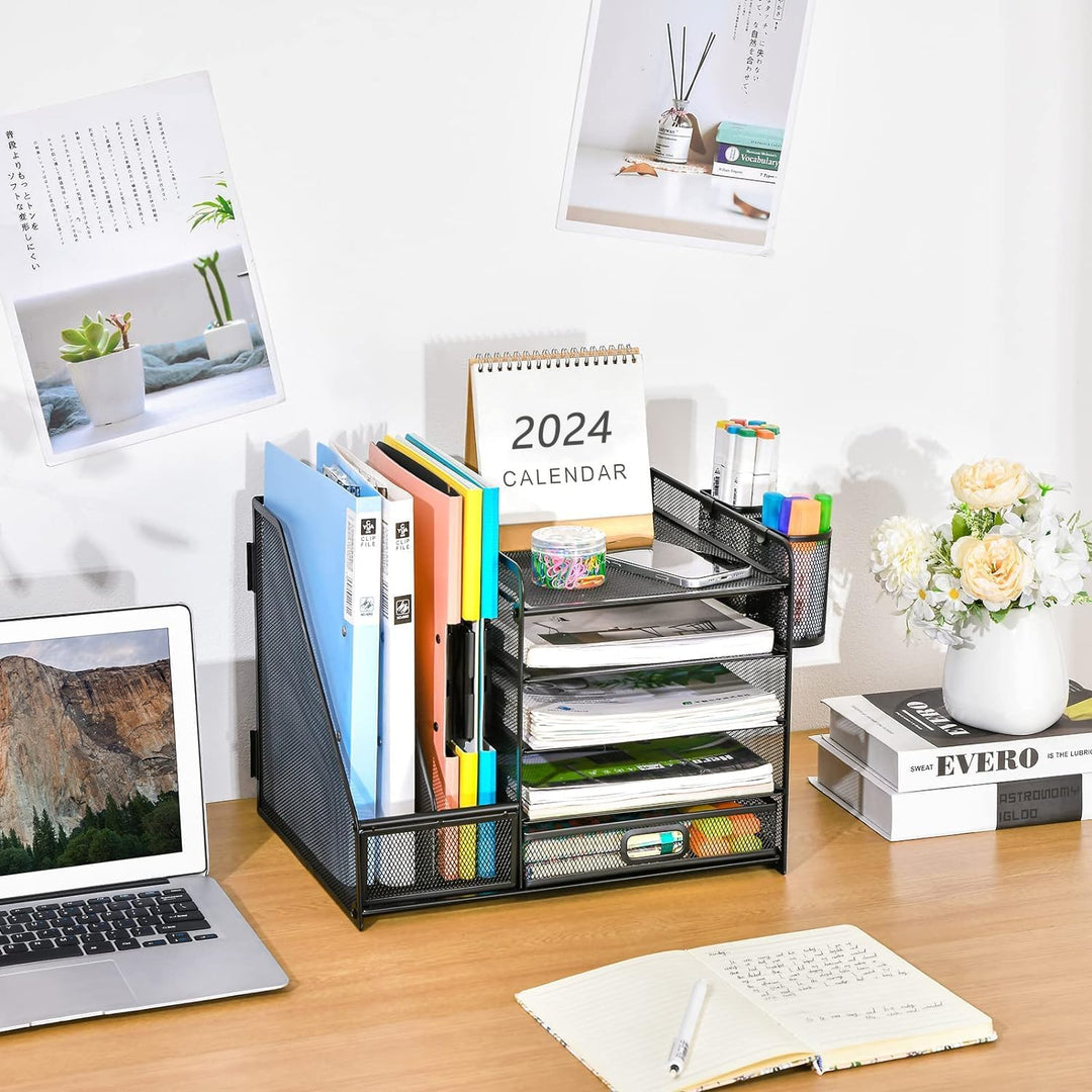 Marbrasse Schreibtisch Organizer mit Aktenhalter, 5 Ebenen Papier Briefablage mit Schublade und 2 St
