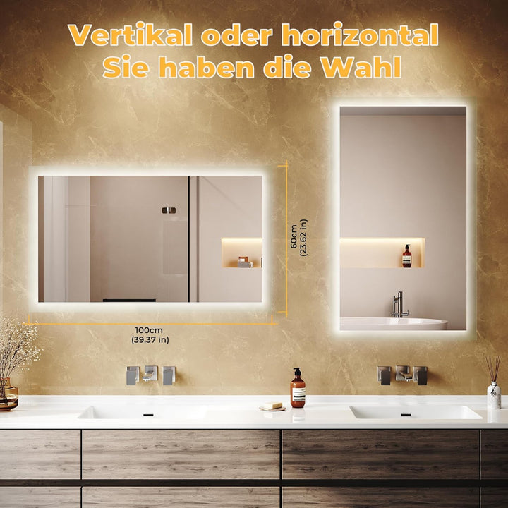 Spiegel mit Beleuchtung, 100x60x3.5cm, Badspiegel mit beleuchtung 6400K, Badezimmer LED-Spiegel, Ene