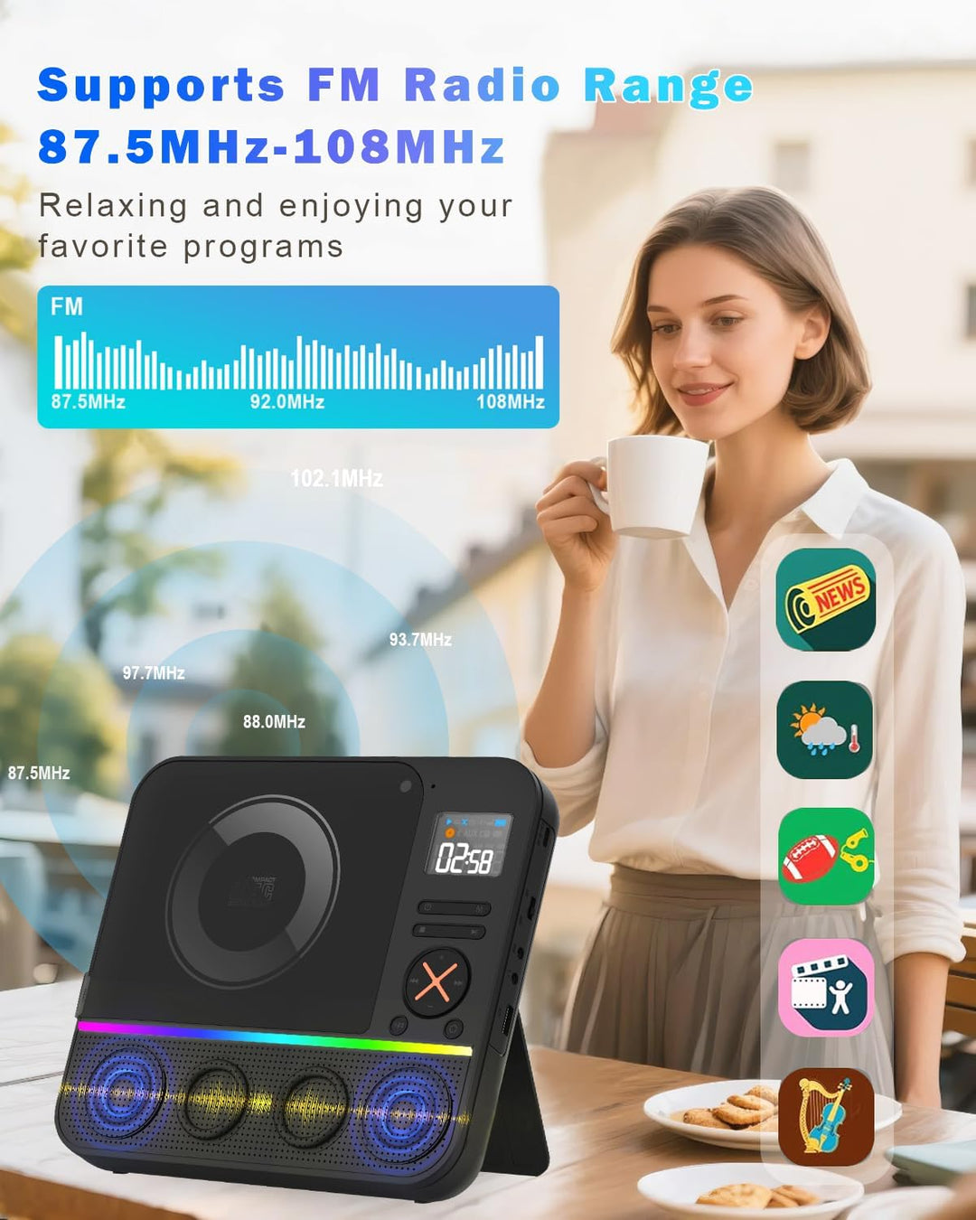 Tragbarer CD Player Bluetooth, Boombox Desktop CD-Player mit Bluetooth FM-Radio und RGB LED-Anzeige