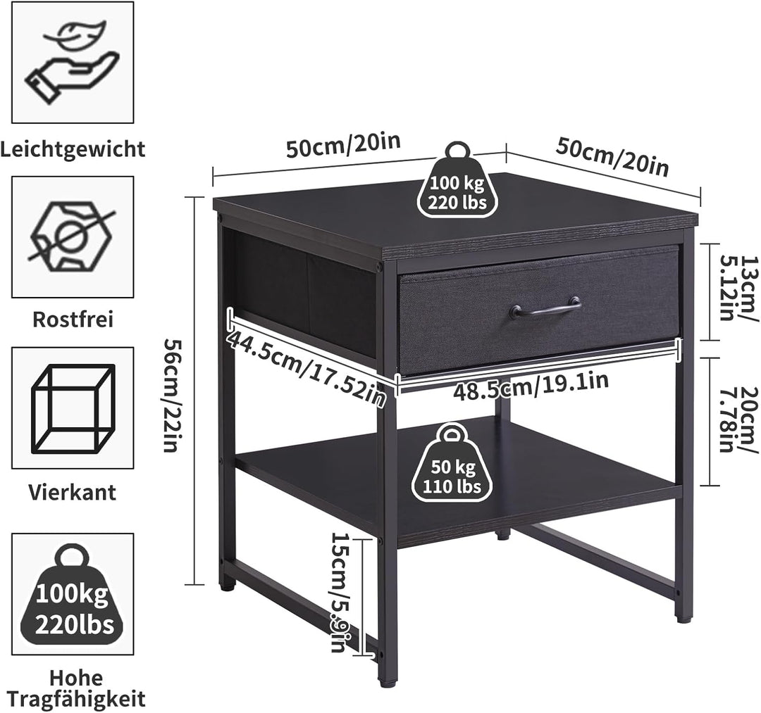 Grosser Beistelltisch mit Stoffschublade, verstellbares Ablagefach 50cm, quadratischer Teetisch, Küh