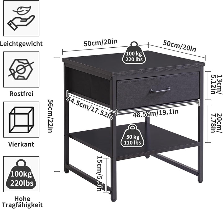 Grosser Beistelltisch mit Stoffschublade, verstellbares Ablagefach 50cm, quadratischer Teetisch, Küh