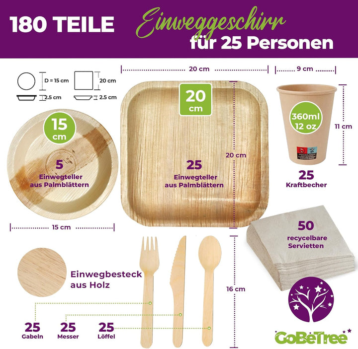 GoBeTree – Einweggeschirr aus Palmblättern – 180-Teilig Geschirrset für 25 Gäste, Bio abbaubare Tell