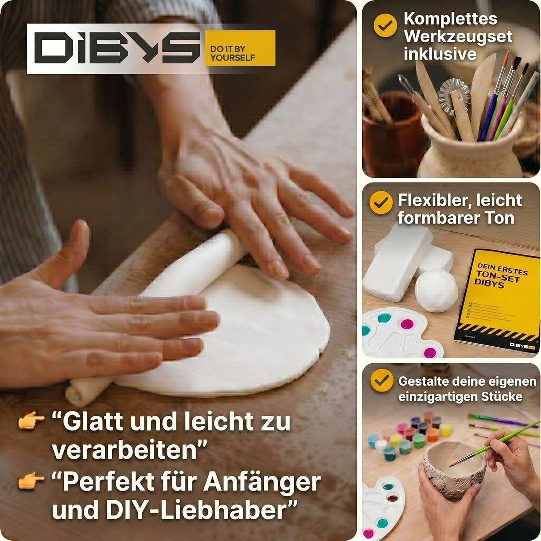 DIBYS Töpfer Set für Zuhause - 2x500 g Lufttrocknender Ton Weiss mit Töpferwerkzeug, 15 Farben & Pin