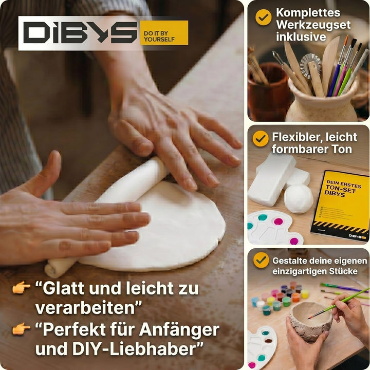 DIBYS Töpfer Set für Zuhause - 2x500 g Lufttrocknender Ton Weiss mit Töpferwerkzeug, 15 Farben & Pin