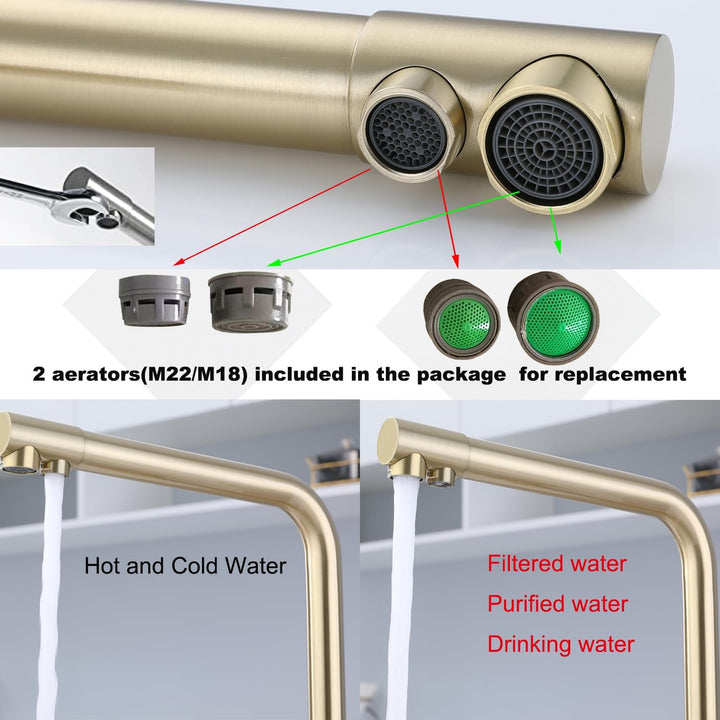 SkyPanda 3 Wege Küchenarmatur, Gold Trinkwasser Küchenarmatur mit Doppelhebel, Durchdringung 3-in-1,