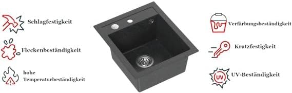 VBChome Spüle Spülbecken Granit 43 x 50 cm Einzelbecken Einbauspüle Küchenspüle gesprenkelt + Siphon