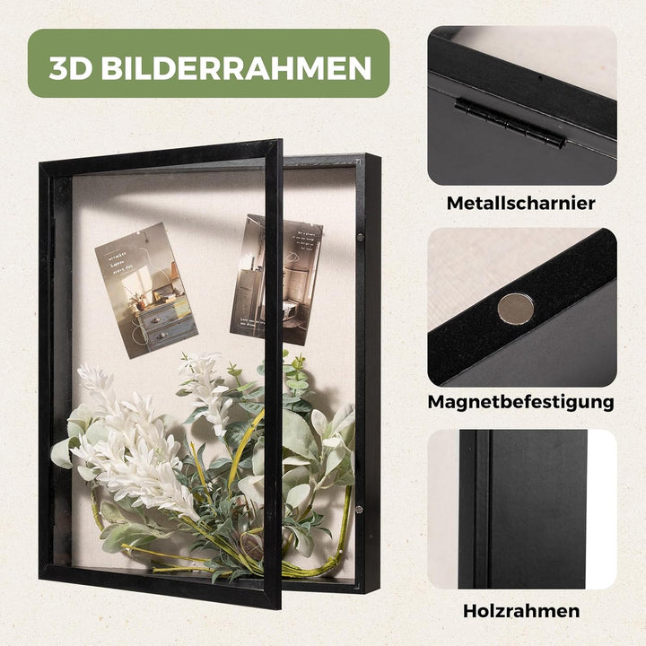 Muzilife Holz 3D Bilderrahmen zum Befüllen mit Öffnung 40x50cm Schwarz Schwarz 40x50cm, Schwarz 40x5