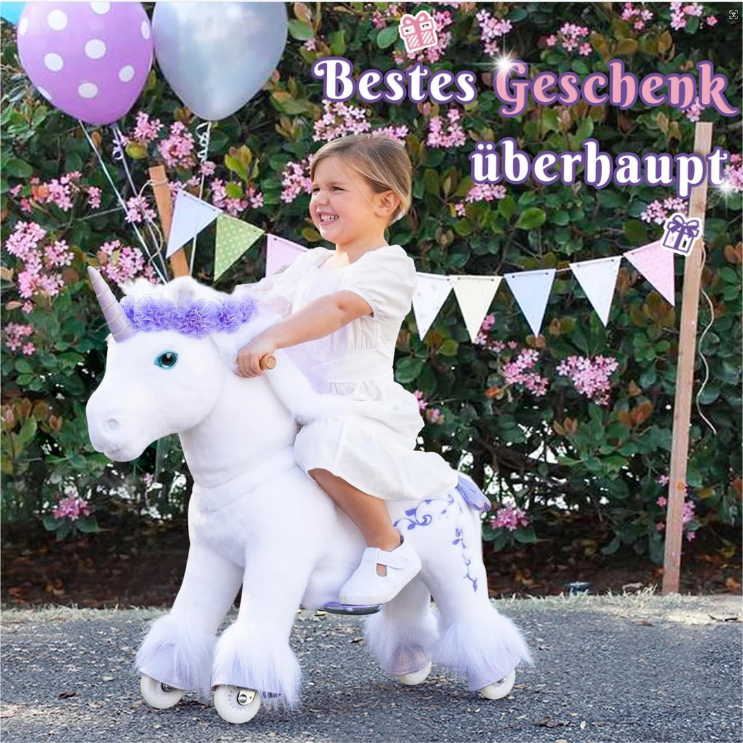 PonyCycle Einhorn Reitspielzeug, für Kinder 3–4 Jahre, 76cm Hoch, Einhorn auf Rollen mit Handbremse,