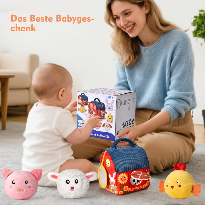 Baby Montessori Spielzeug ab 6 Monate 1 Jahr, Kinder Sensorikspielzeug mit Scheune & 6 Tierrasseln v