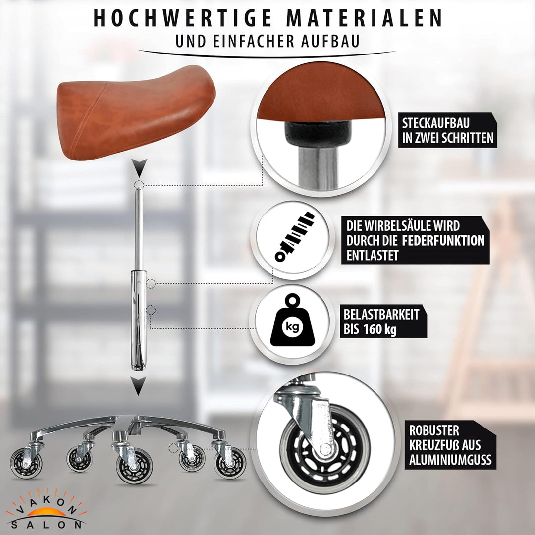 VAKON SALON - Premium Sattelhocker Hellbraun, Sattelstuhl für Rückenentlastung, Rollhocker höhenvers
