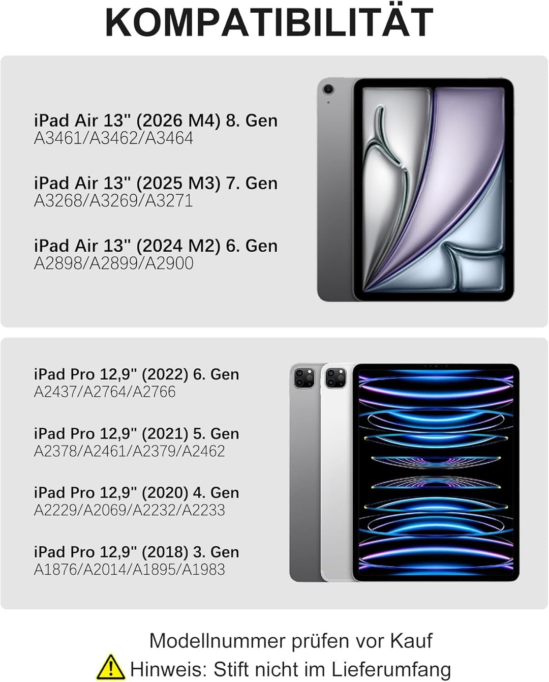 Hülle mit Tastatur für iPad Air 13" (M4 2026/M3 2025/M2 2024) & iPad Pro 12,9" (2018-2022), Deutsche