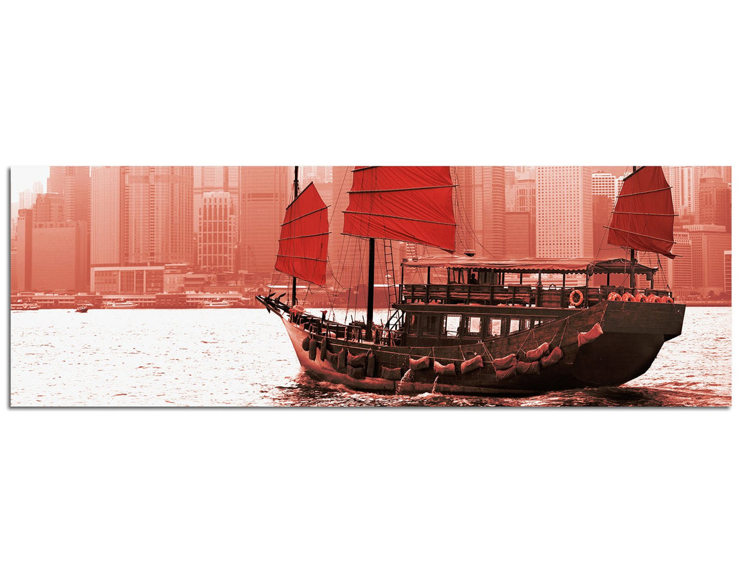 Paul Sinus Art Panoramabild auf Leinwand und Keilrahmen 150x50cm Hongkong Skyline Hafen Segelschiff