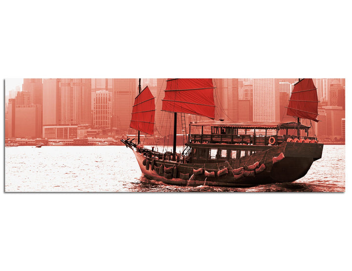 Paul Sinus Art Panoramabild auf Leinwand und Keilrahmen 150x50cm Hongkong Skyline Hafen Segelschiff