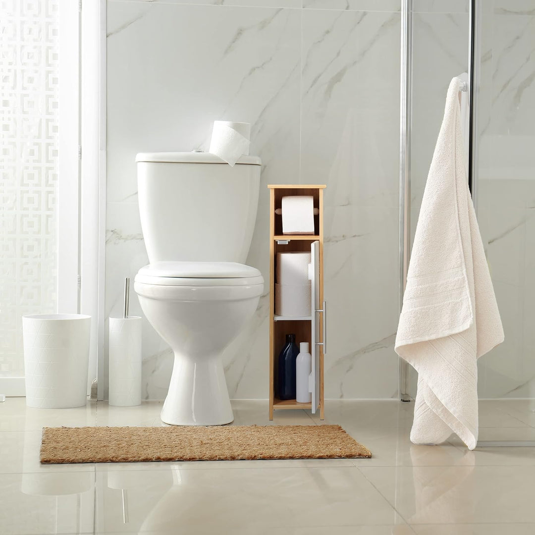 Relaxdays Toilettenpapierhalter stehend, Badezimmeregal HBT: 71x18x20 cm, MDF & Bambus, WC Papier Sc