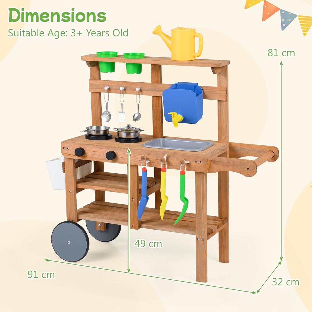 COSTWAY Matschküche Kinder Outdoor, Spielküche mit Wassertank &amp; Wasserhahn | Kinderküche mit Rädern,