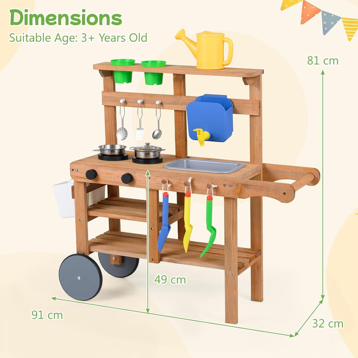 COSTWAY Matschküche Kinder Outdoor, Spielküche mit Wassertank &amp; Wasserhahn | Kinderküche mit Rädern,