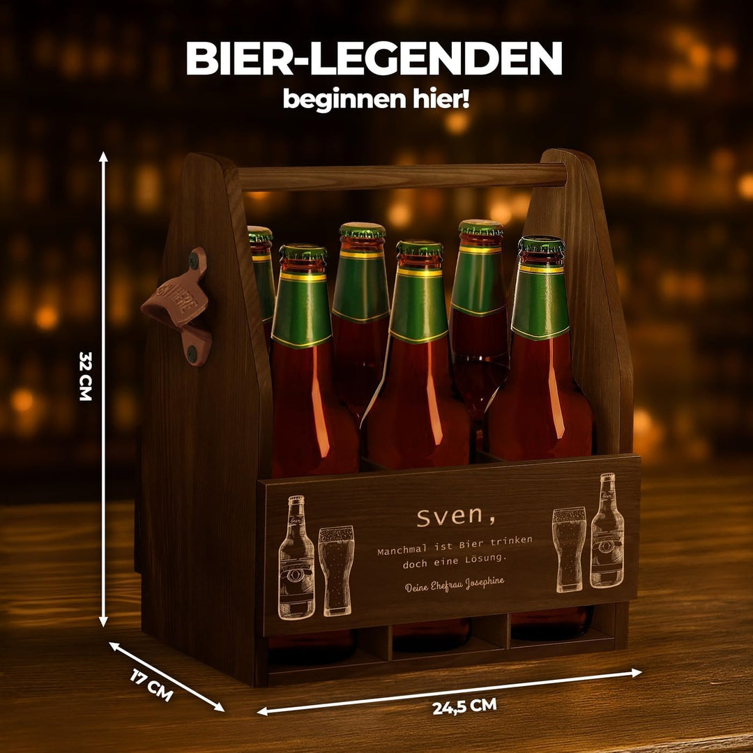 Maverton Bierträger für 6 Flaschen 0,5L + Gravur - Männerhandtasche mit Flaschenöffner - Grösse: 25x
