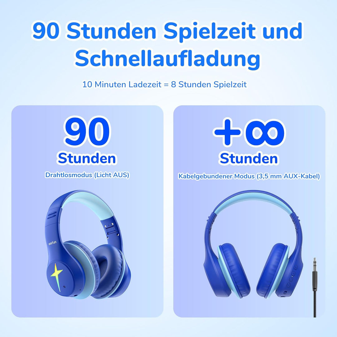 EarFun Bluetooth Kopfhörer Kinder, 5 LED-Beleuchtungsmodi, 74/85/94 dBA Lautstärkebegrenzung, 90 Std