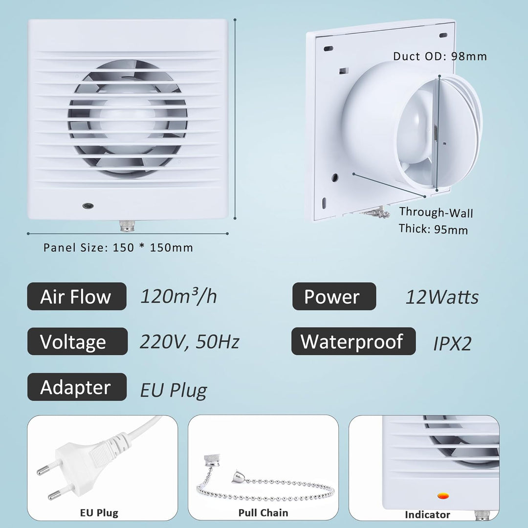 100mm Abluftventilator Badlüfter Lüfter Abluft Wandventilator mit Zugkettenschalter, Ruckstauklappe,
