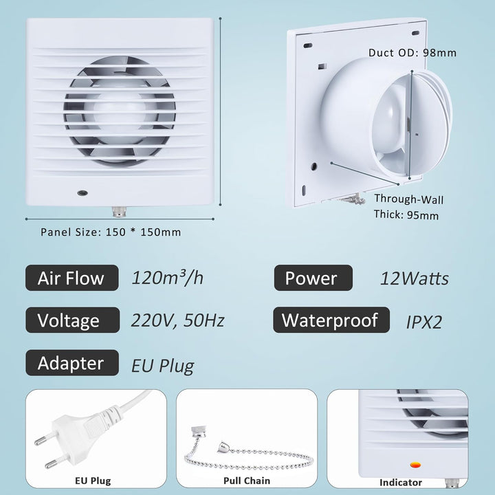 100mm Abluftventilator Badlüfter Lüfter Abluft Wandventilator mit Zugkettenschalter, Ruckstauklappe,