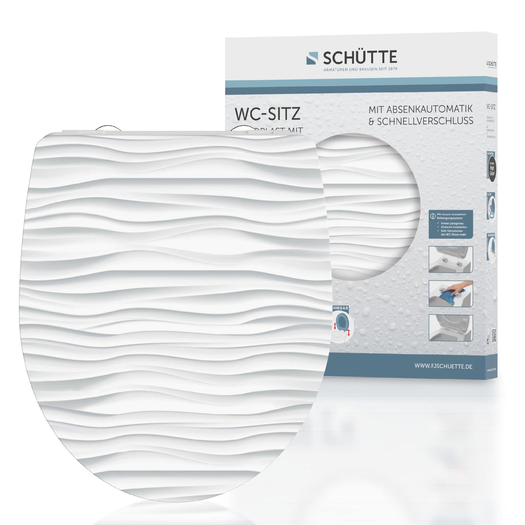 SCHÜTTE WC-Sitz Duroplast HG WHITE WAVE, Hochglänzender Toilettensitz mit Absenkautomatik, Schnellve