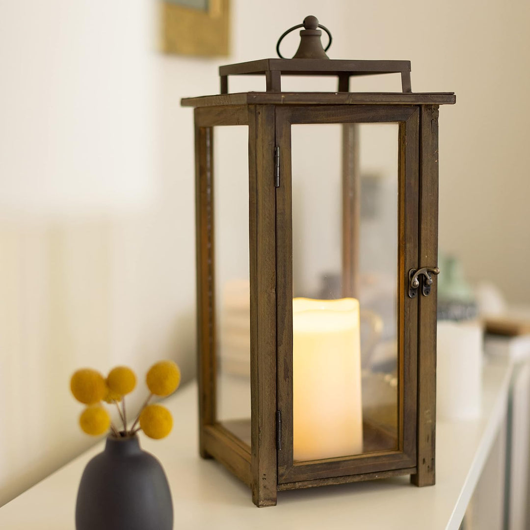 Stonebriar 18 Inch Rustic Wooden Hurricane Candle Lantern with Handle, Metal, Brown, 17.5", 17.5"