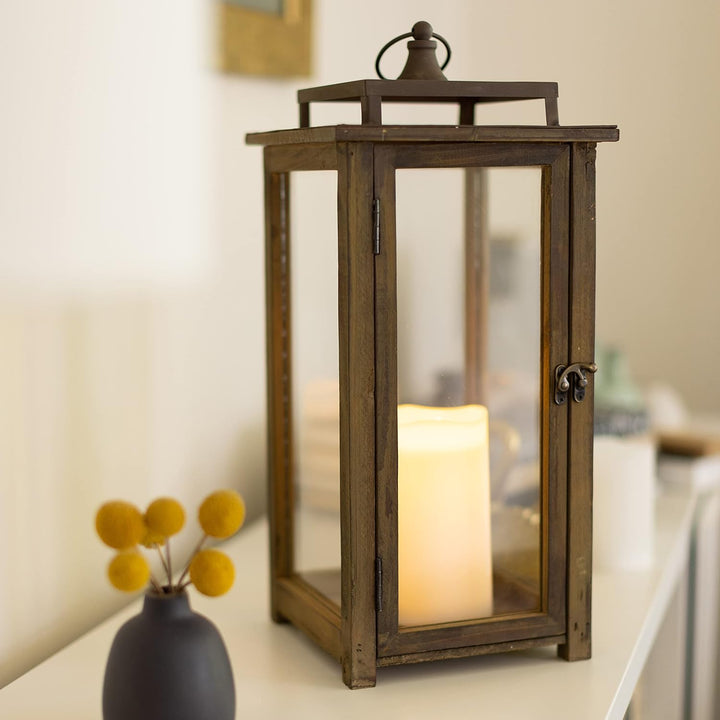 Stonebriar 18 Inch Rustic Wooden Hurricane Candle Lantern with Handle, Metal, Brown, 17.5", 17.5"