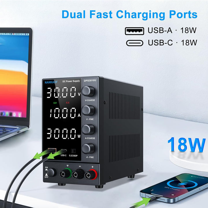 Labornetzgerät einstellbar 30V 10A, Variables DC-Netzteil mit USB-A/Typ-c-Schnellladeanschluss, hoch