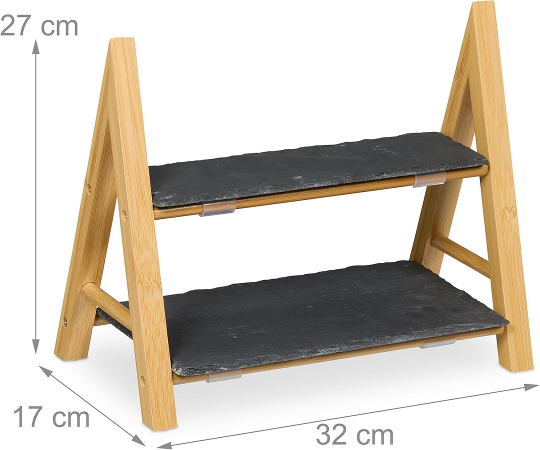 Relaxdays Etagere, 2 Etagen, mit Schieferplatten, HBT 27x32x17 cm, rustikaler Servierständer, Bambus