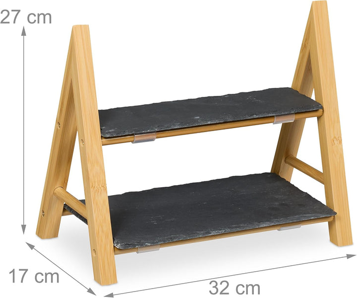 Relaxdays Etagere, 2 Etagen, mit Schieferplatten, HBT 27x32x17 cm, rustikaler Servierständer, Bambus
