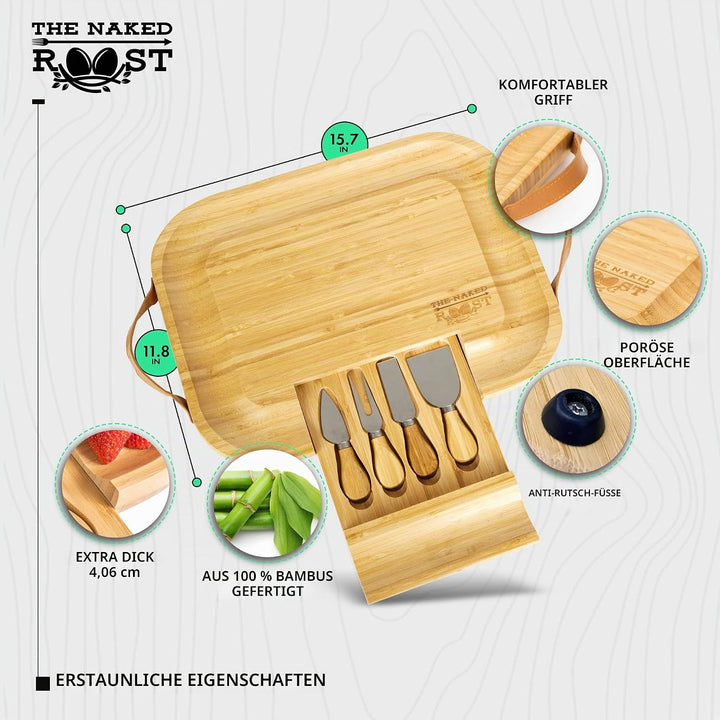 Bambus-Käsebrett und Messer-Set – Holz-Charcuterie-Brett mit Ledergriffen und herausziehbarer Schubl