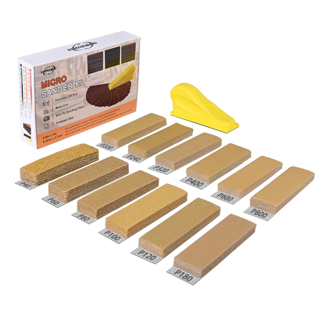 120 Stück Schleifpapier mit 90x30 mm Schleifklotz Set, Mini Schleifwerkzeuge, 40/60/80/100/120/180/2