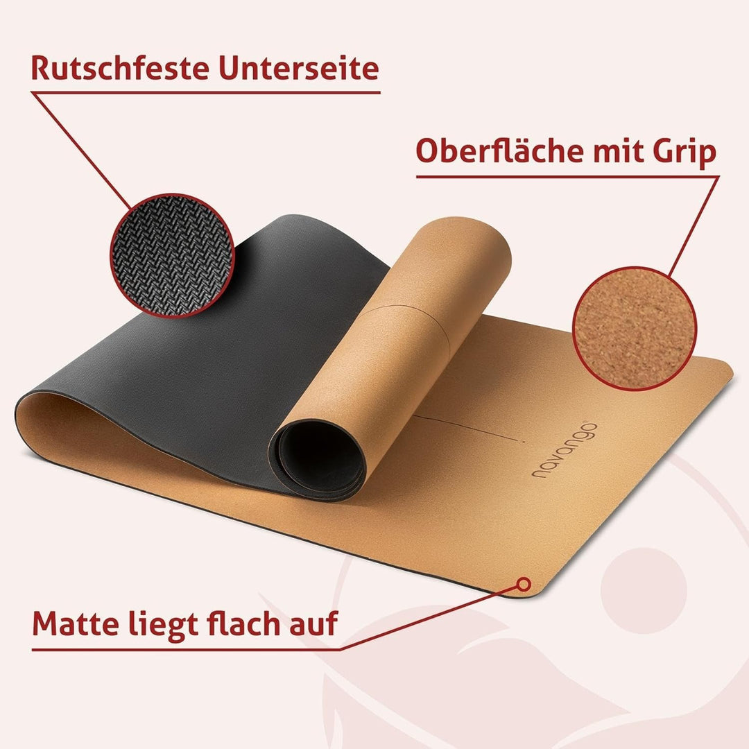 Yoga Matte Kork | Inklusive Yogagurt | 4mm Dicke | Natürliche Dünne Yogamatte aus Naturkautschuk und