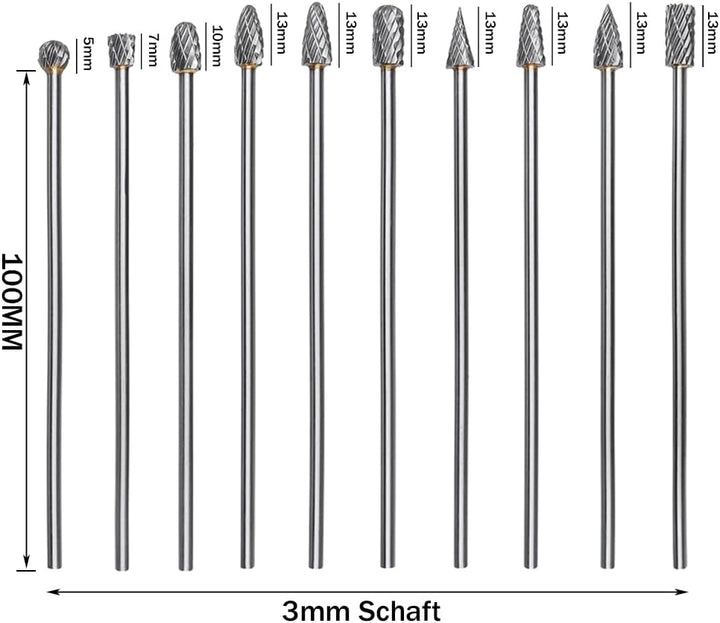 Treki 10 Stück 100mm Lang Hartmetall Frässtifte mit 3mm Schaft Wolframcarbid Fräser Fräsaufsatz für