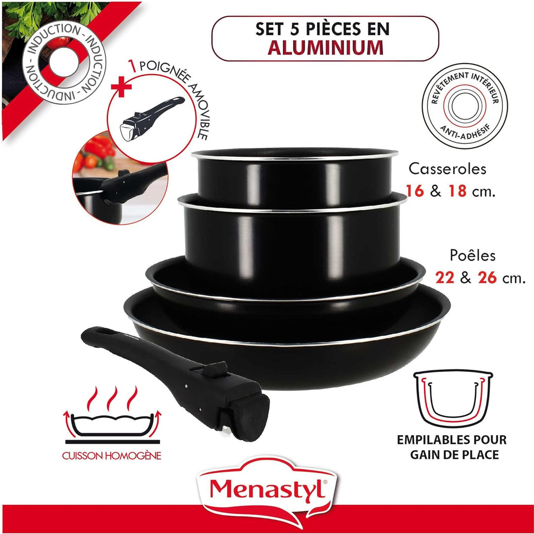 MENASTYL - Iris 6020437 Set mit 5 Töpfen aus schwarzem Aluminium, Induktion, 2 Stieltöpfe 16/18 cm +