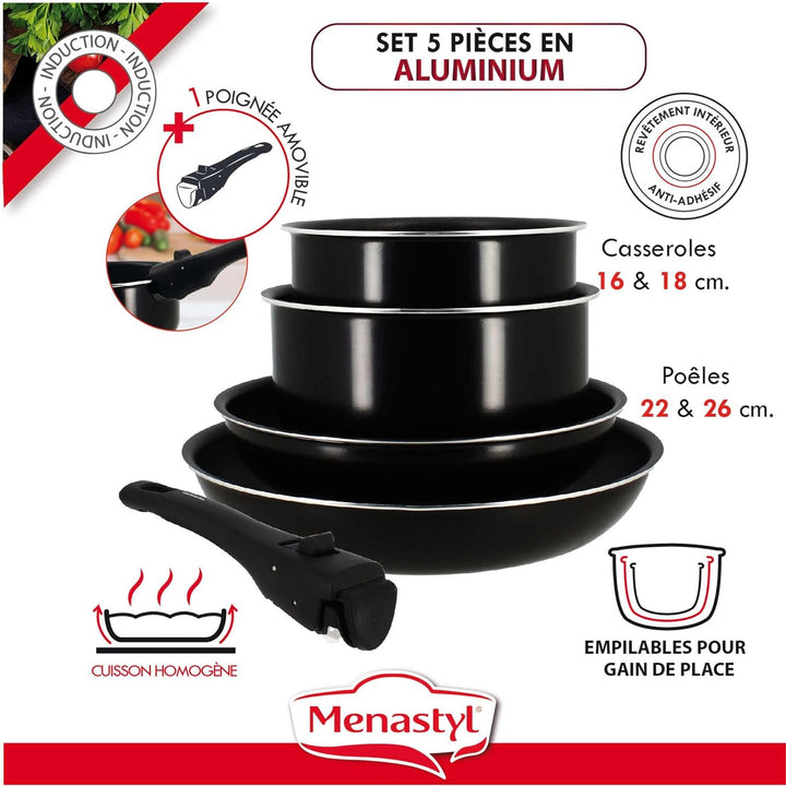 MENASTYL - Iris 6020437 Set mit 5 Töpfen aus schwarzem Aluminium, Induktion, 2 Stieltöpfe 16/18 cm +