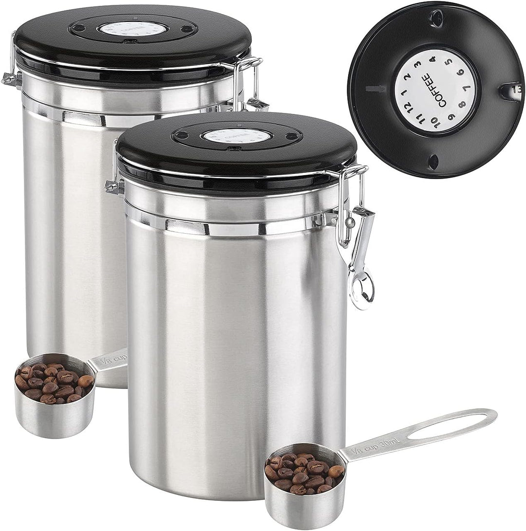 Rosenstein & Söhne Edelstahl Dose: 2er-Set Kaffeedosen mit Kalenderblatt, C02-Freigabeventil & Messl
