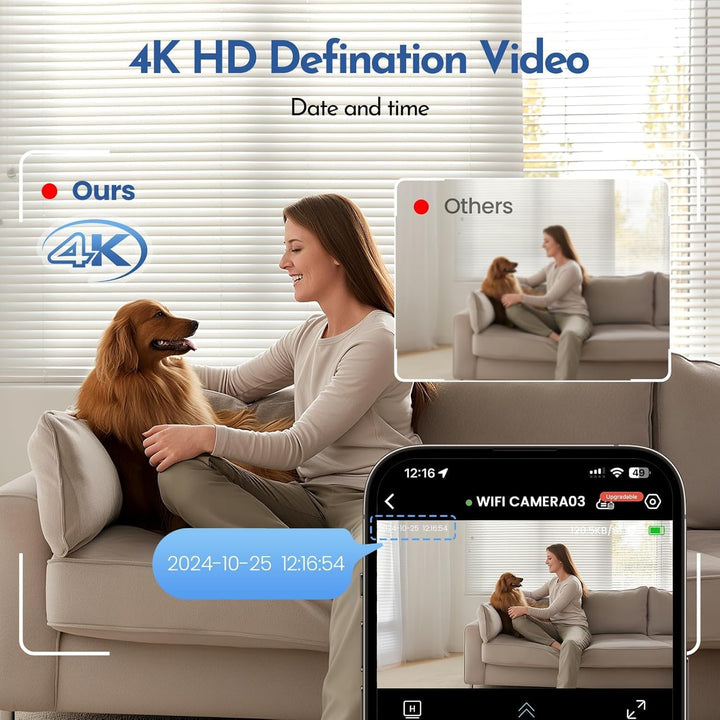 4K Mini Kamera, 2.4/5 Ghz WLAN Innenkamera180° drehbarem Objektiv automatische, Bewegungserkennung,