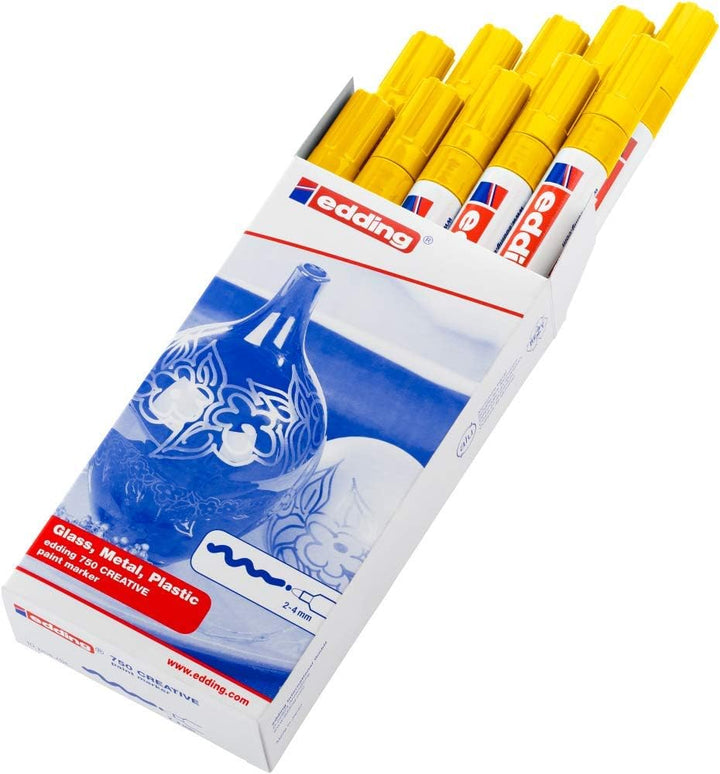 edding 750 Glanzlackmarker - gelb - 10 Lackmarker - Rundspitze 2-4 mm - Lackstift für Glas, Stein, H