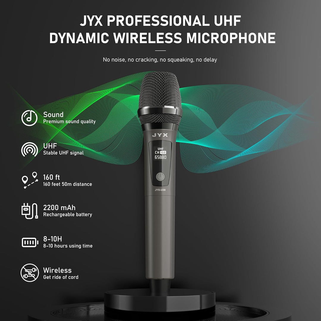 JYX Drahtloses UHF Mikrofon, 30M Karaoke Mikrofon Kabellos mit Empfänger, Dual Mikrofon für PA Karao