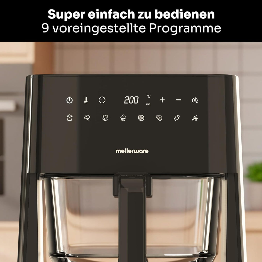 MELLERWARE – Heissluftfritteuse 1450W | Glasbehälter 4,5L | 9 Programme + Vorheizen | Touchscreen |