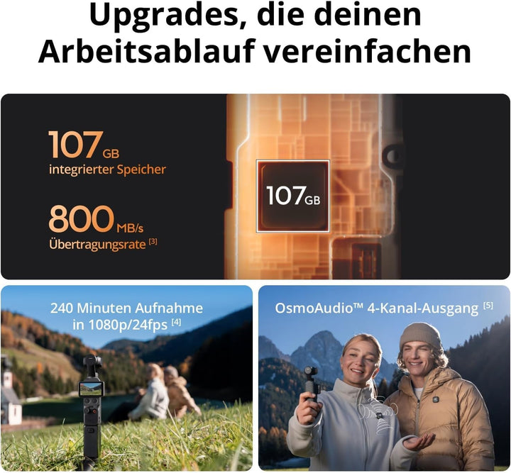 DJI Osmo Pocket 4 Essential Combo, Pocket Gimbal Vlog Kamera, 1″ CMOS und 4K/240fps, 3‑Achsen-Stabil