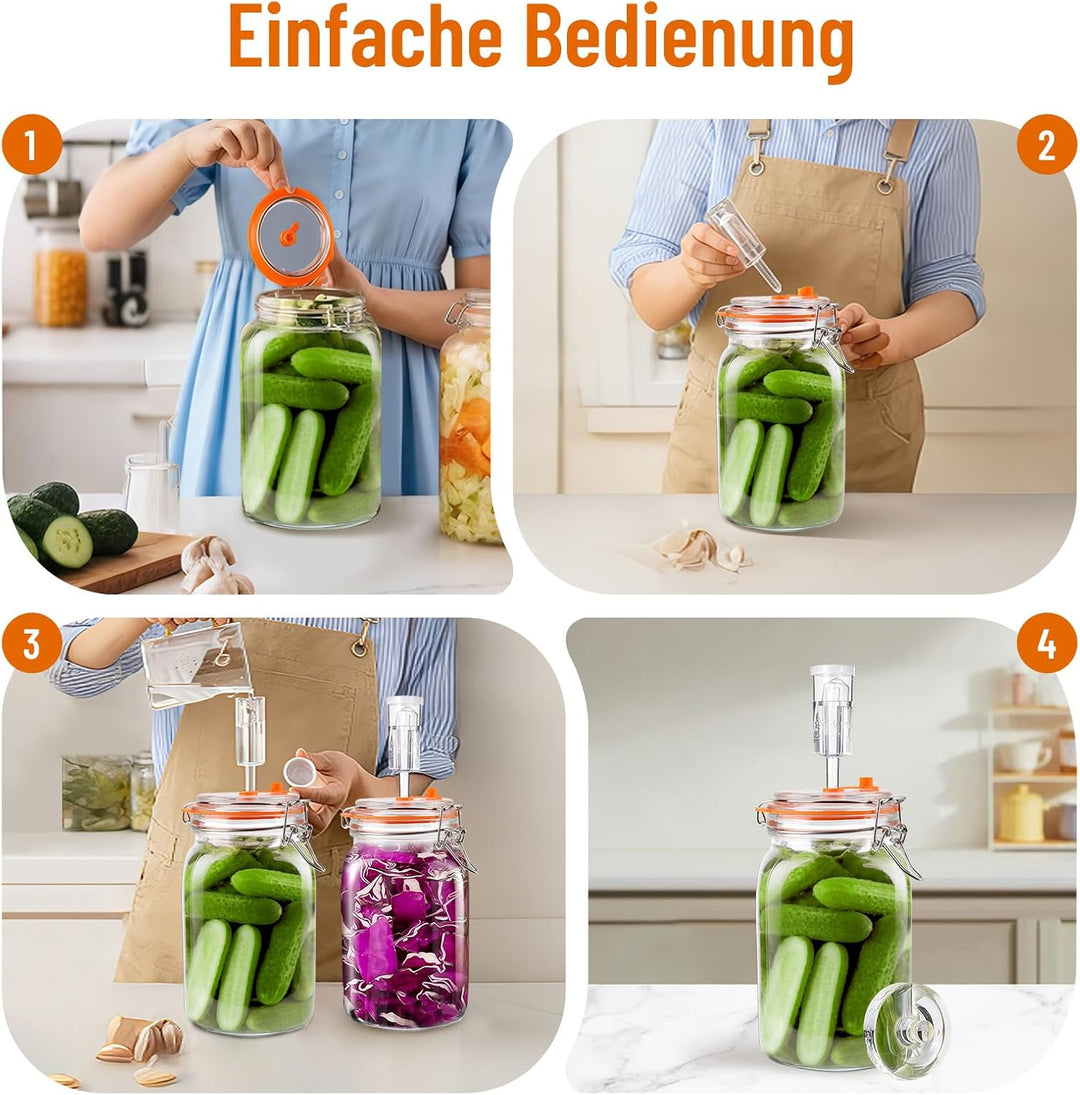 Fermentierglas 2 Stück 1.5L, Fermentationsglas mit Gärventi & Gewicht, Kimchi Behälter, Gärglas für
