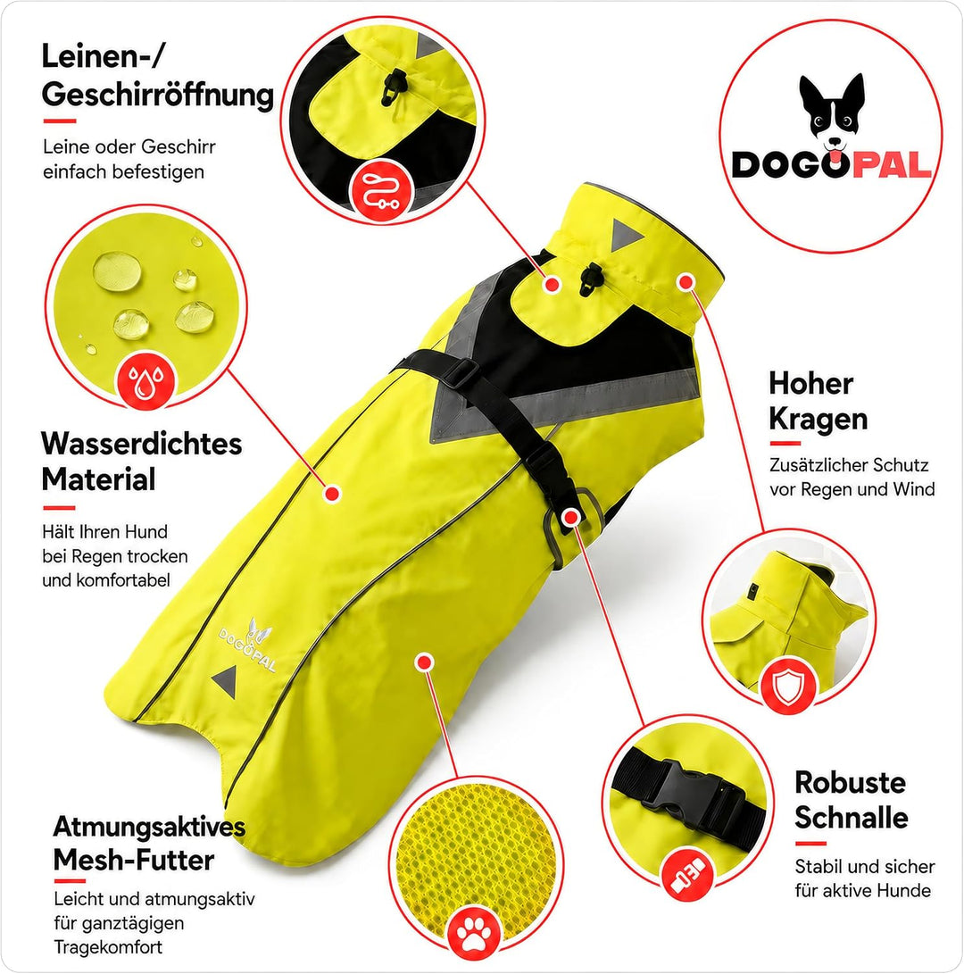 DOGOPAL Regenmantel Hund wasserdicht für kleine &amp; grosse Hunde - Gelber Hunderegenmantel mit Reflekt