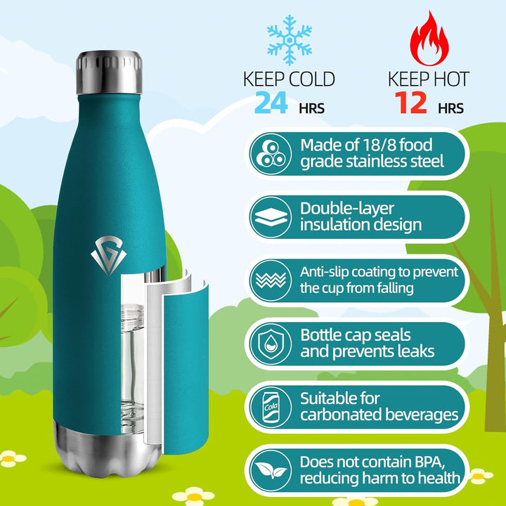 Trinkflasche Edelstahl 500ML, BPA-frei, Wasserflasche, Auslaufsichere Isolierflasche Doppelwandig, T