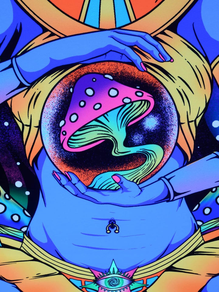 PSYWORK Schwarzlicht Stoffposter Neon Godness | 1,0 x 1,5m | UV-aktiv | fluoreszierend | Wandbehang