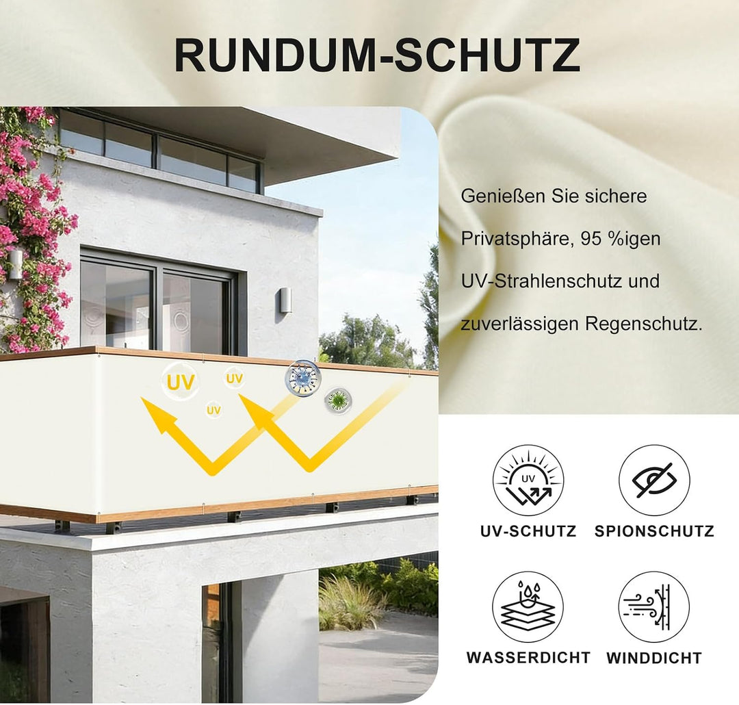 HENG FENG Balkon Sichtschutz 90x600cm für Privatsphäre, Cremeweiss | Balkonabdeckung wasserabweisend