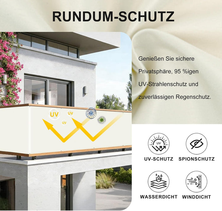 HENG FENG Balkon Sichtschutz 90x600cm für Privatsphäre, Cremeweiss | Balkonabdeckung wasserabweisend